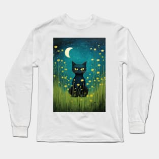 Black Cat Among Flowers Long Sleeve T-Shirt